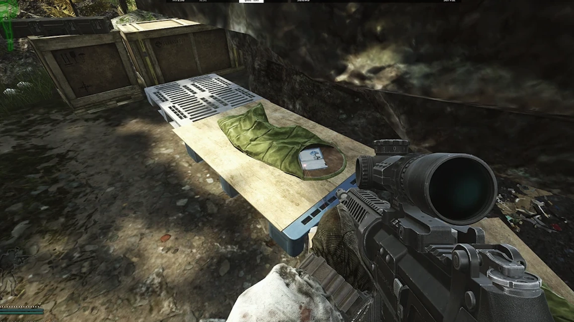 USEC Camp Bedroll document spawn screenshot on Woods